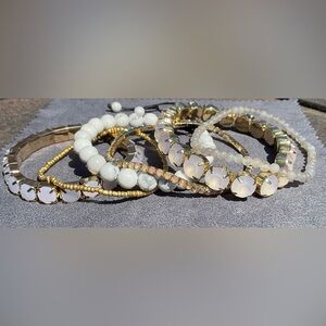 6 White/Gold Crystal Natural Stone Glass beads Stackable Layering Bracelets